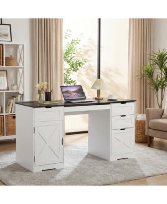 59" Farmhouse Computer Desk with 4 Drawers, Charging Station and Keyboard Tray