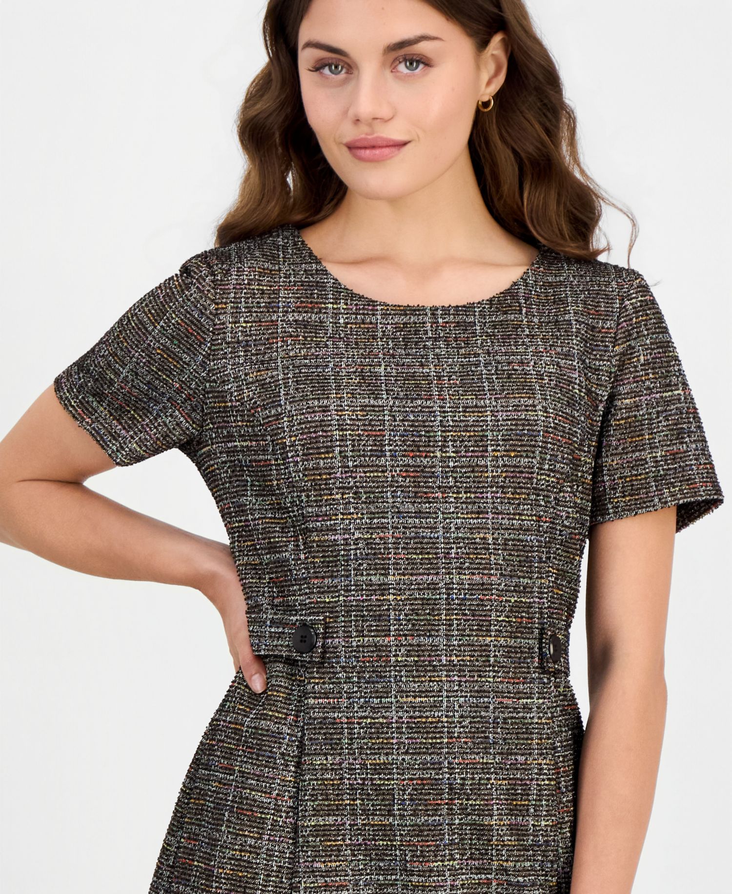 Petite Tweed Plaid Short-Sleeve Shift Dress