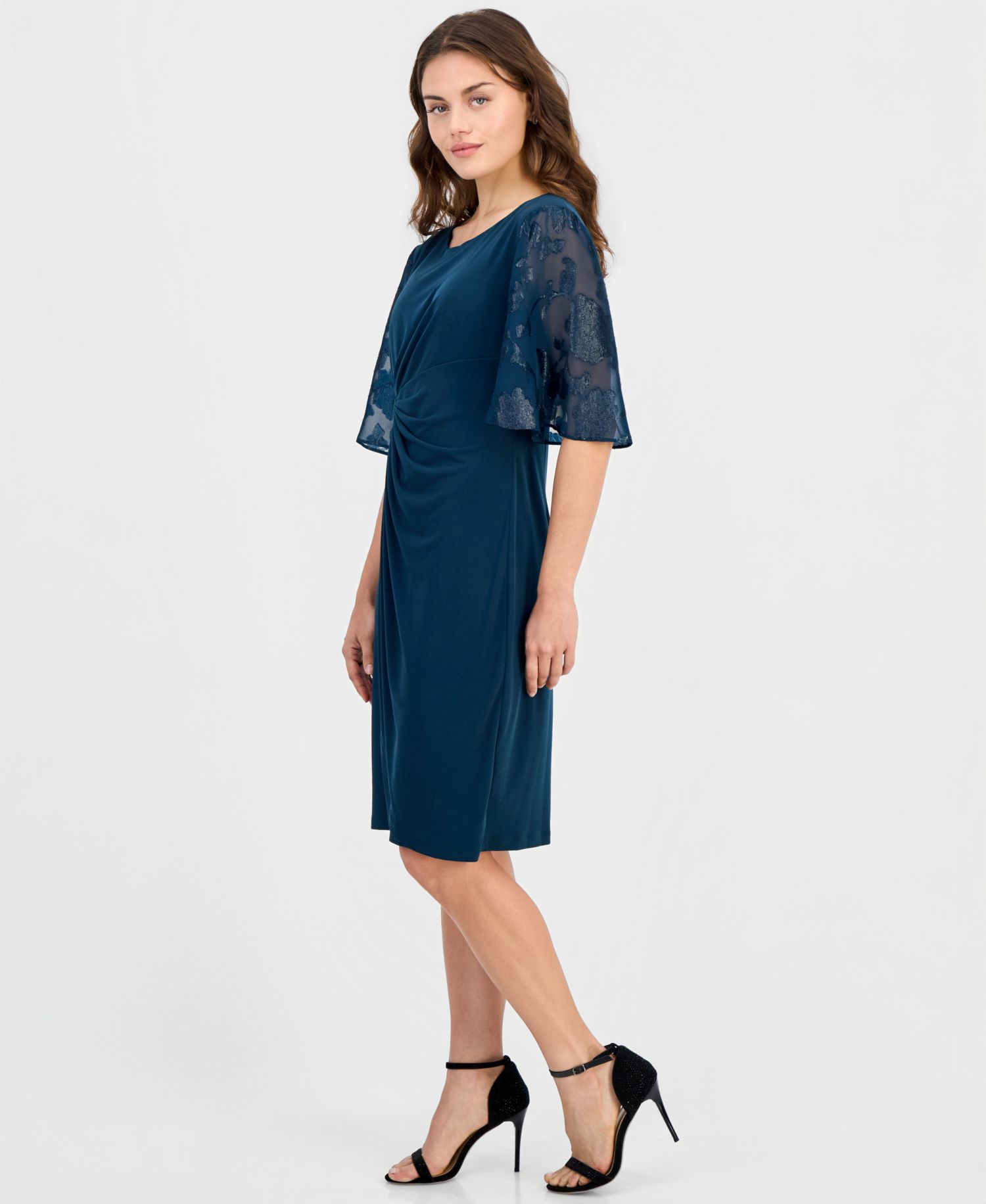 Petite Cocktail Clip-Chiffon Short-Sleeve Dress