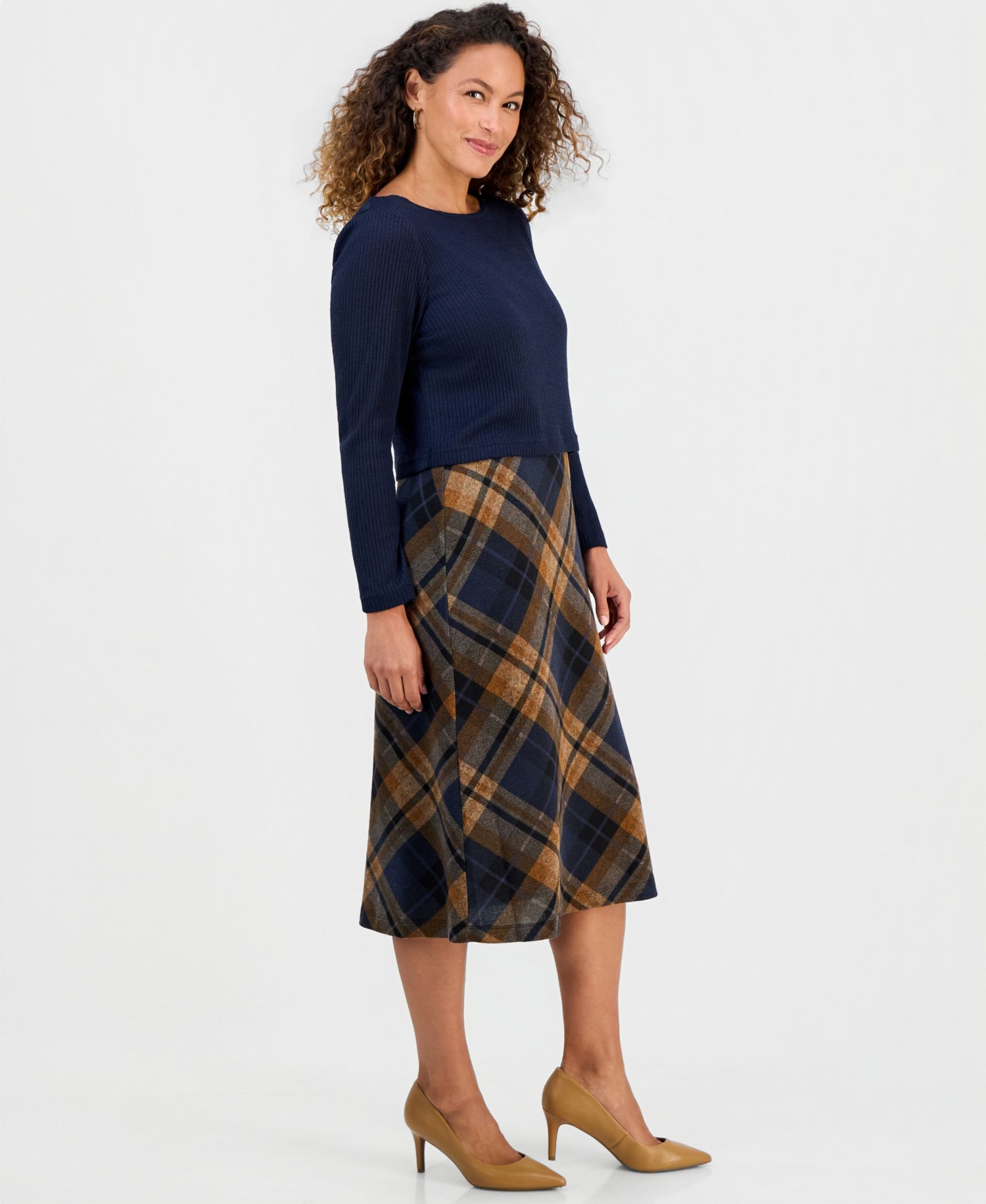 Petite Plaid Skirt Twofer Long-Sleeve Midi Dress