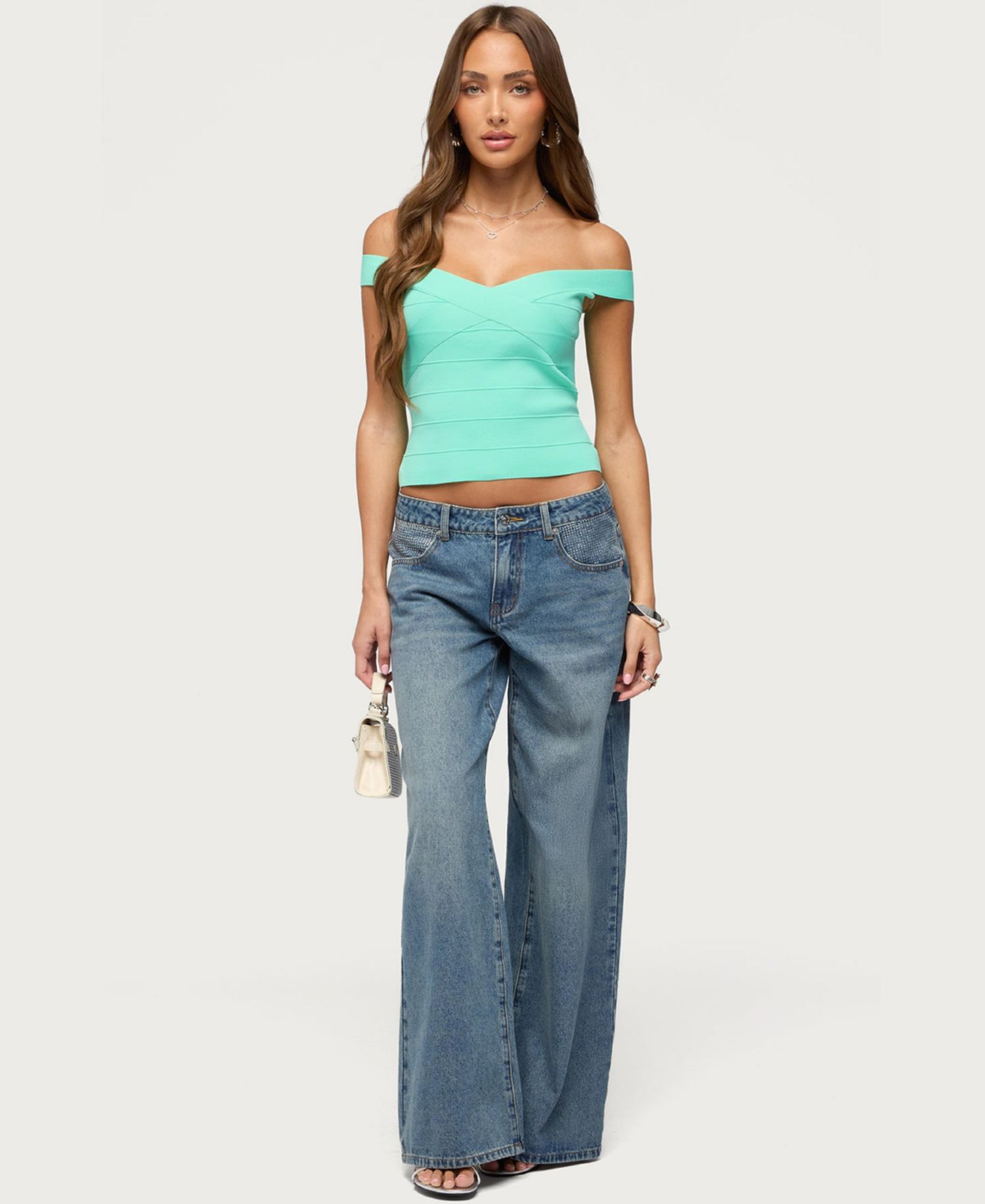Women's Low-Rise Wide-Leg Rhinestone Jeans, 32" Inseam