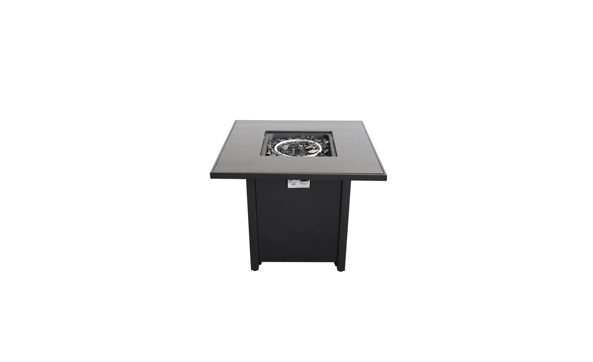 Mondawe Metal Propane Fire Pit Table with Smoked Glass Lid, Outdoor Fire Table