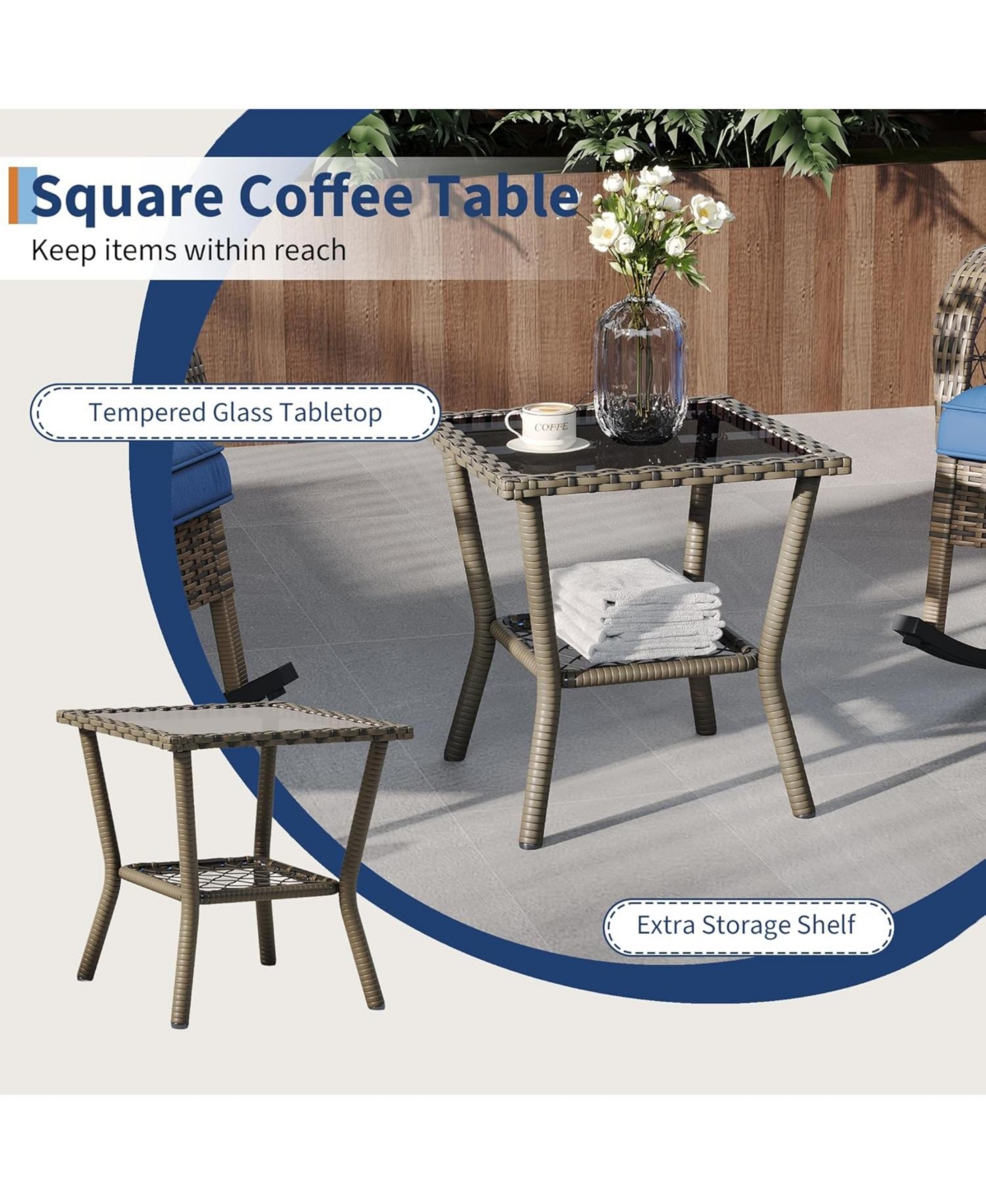 gaomon 3-Piece Wicker Rocking Chair Set with Side Table- All-Weather Rattan Rocker Chairs with Thick Cushions and Steel Frame