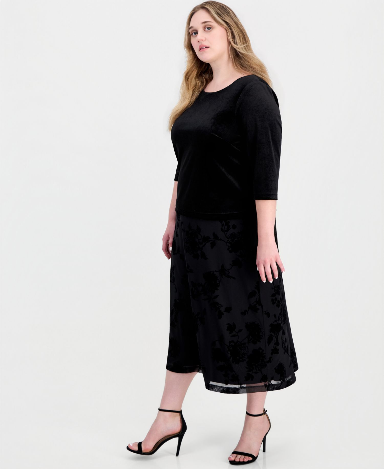 Plus Size A-Line Midi Knit Top and Velvet Skirt, 2-Piece Set