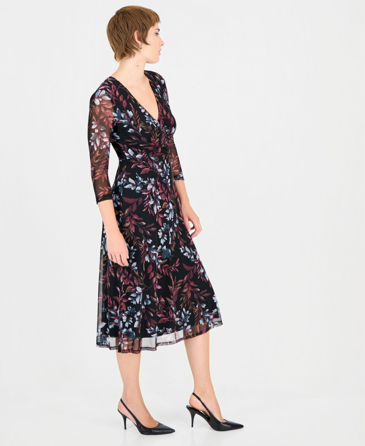 Women's Floral Mesh-Overlay Midi Wrap Dress