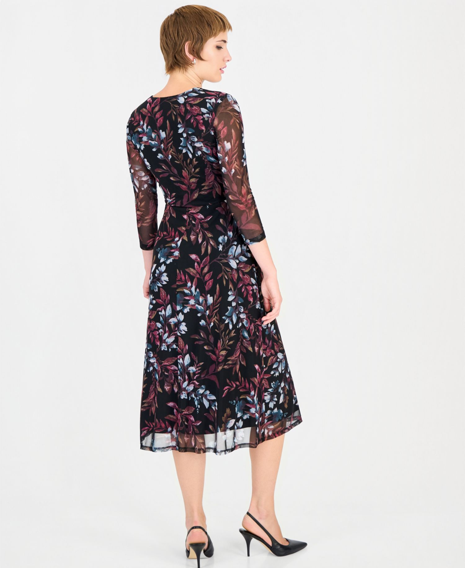 Women's Floral Mesh-Overlay Midi Wrap Dress