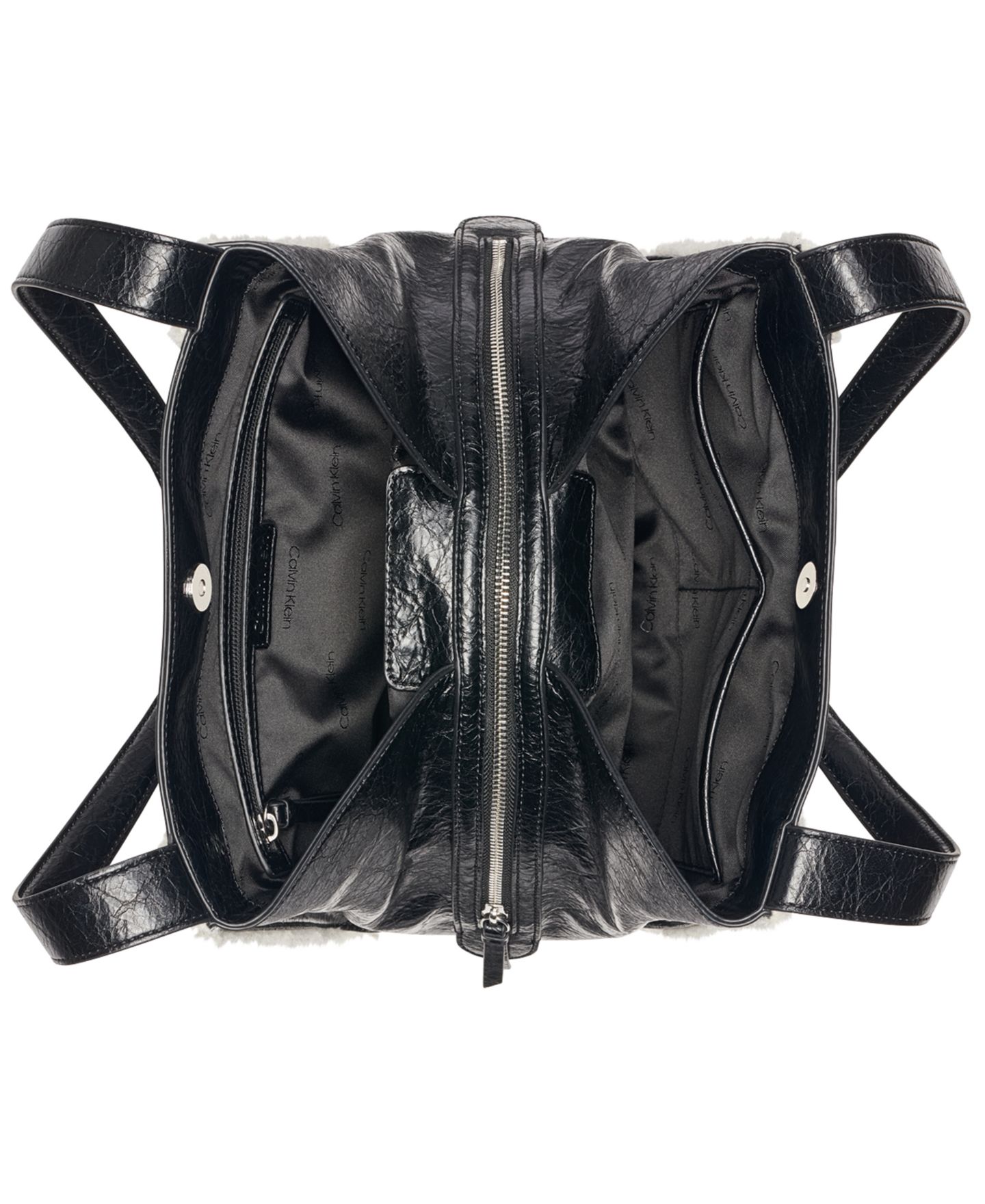 Женская сумка Calvin Klein Masie Faux Leather and Sherpa-Trim Medium Tote, цвет: Чёрный / Серебряный — фото 4