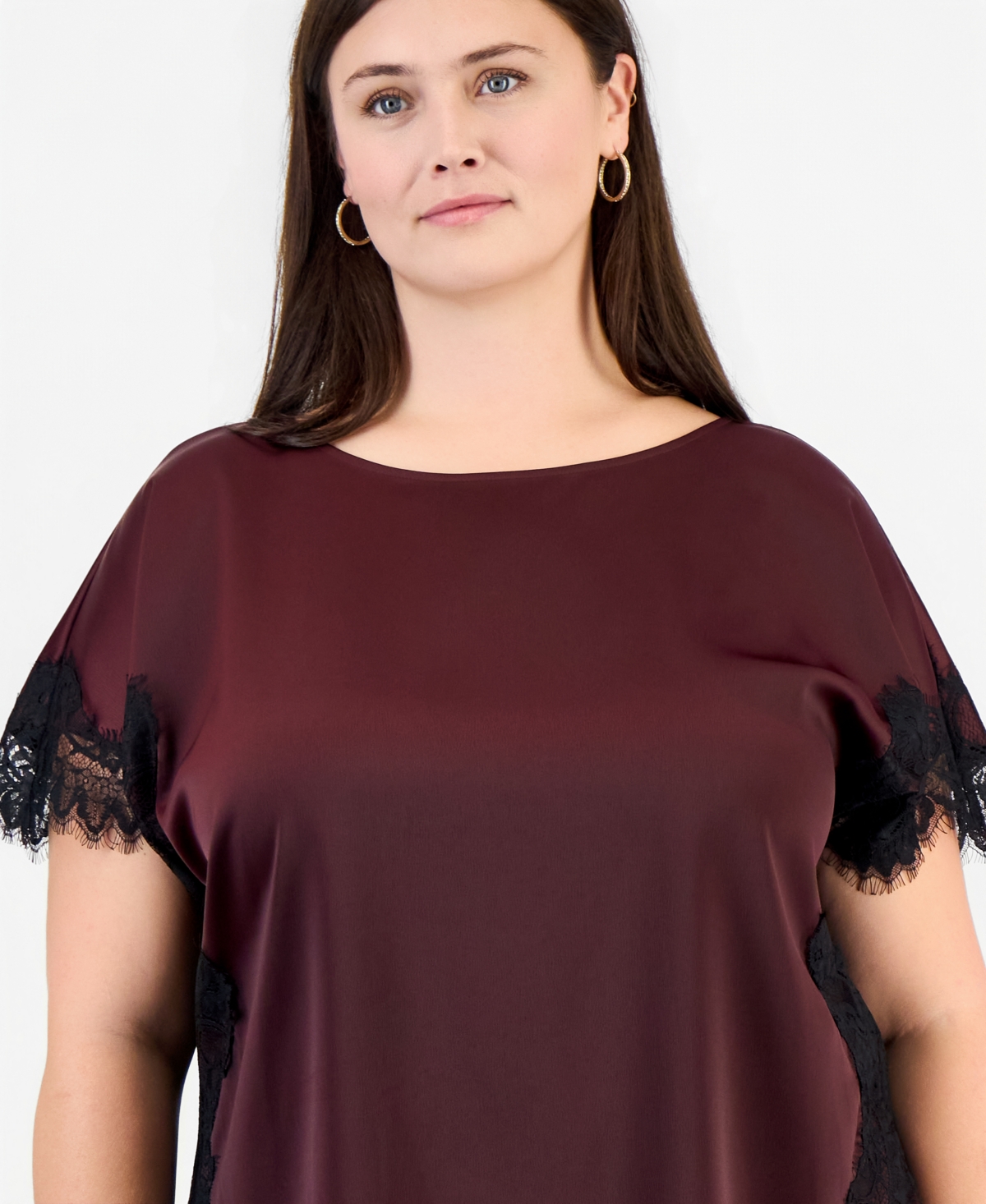 Anne Klein Plus Lace-Trim Short-Sleeve Bateau Neck Blouse