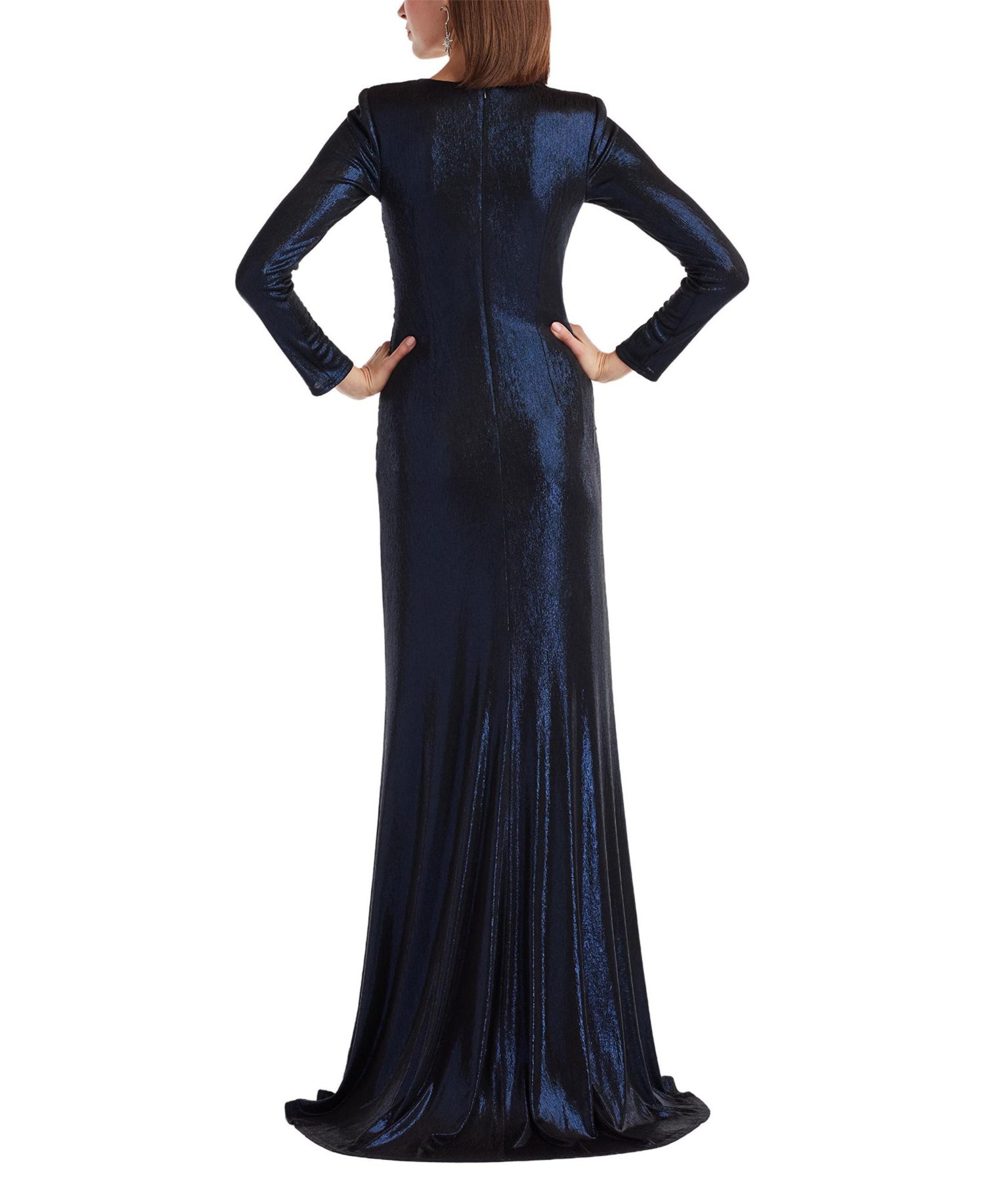 Women's Esau Metallic Crisscross Draped Long-Sleeve V-Neck Wedding Guest Gown