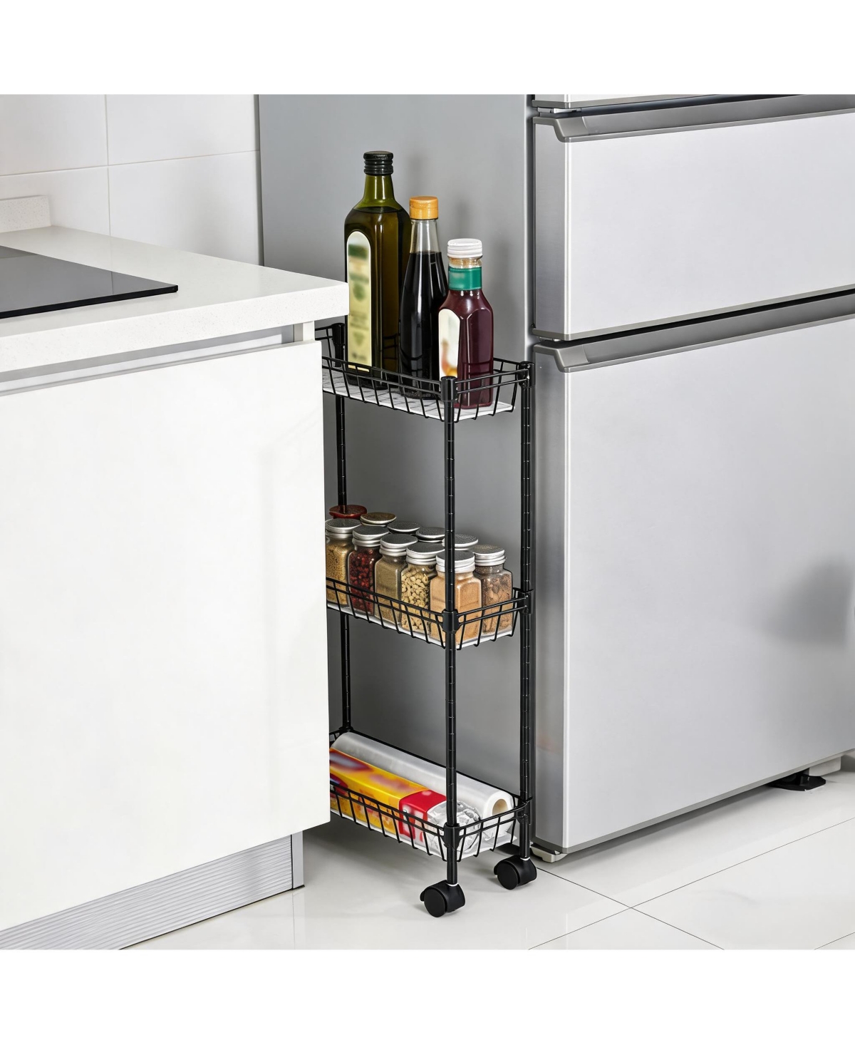 homfan Slim Rolling Storage Cart with Wheels, 3-Tier Metal Utility Cart with Adjustable Shelving Basket, Narrow Corner Organizer for Kitchen Bathroom