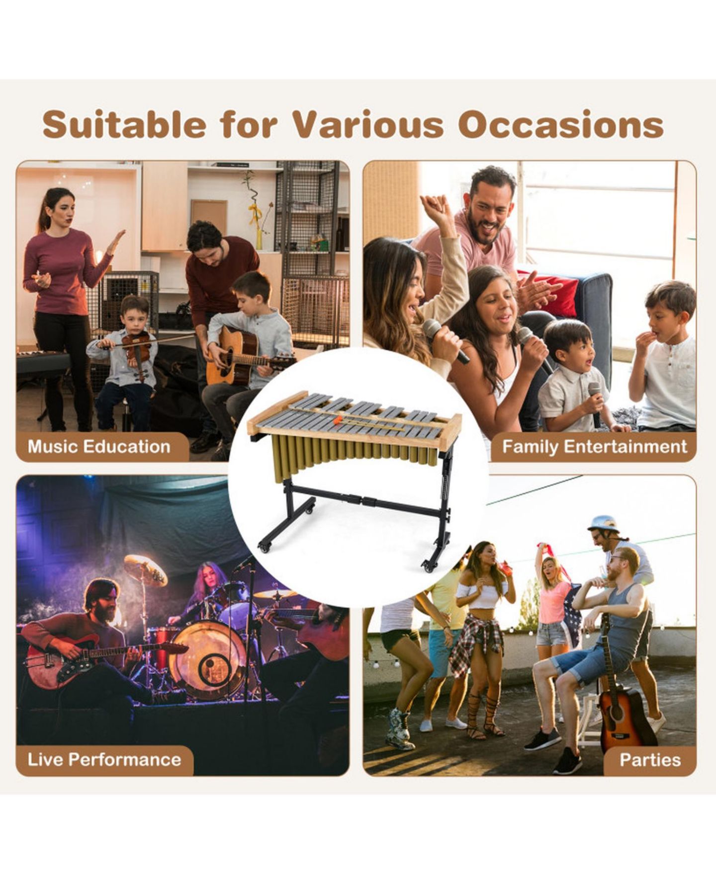 Детская игрушка HONGGE 32-Note Aluminum Marimba with Height-Adjustable Lockable Rolling Stand, цвет: Золотой / Коричневый — фото 4