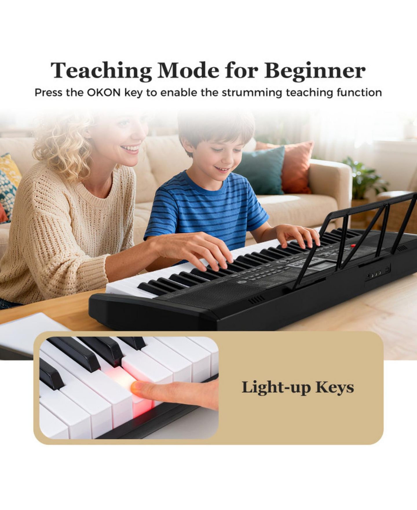 Детские игрушки HONGGE 61-Key Light-Up Teaching Electric Piano Keyboard Kit, Ages 3+, цвет: Чёрный — фото 8