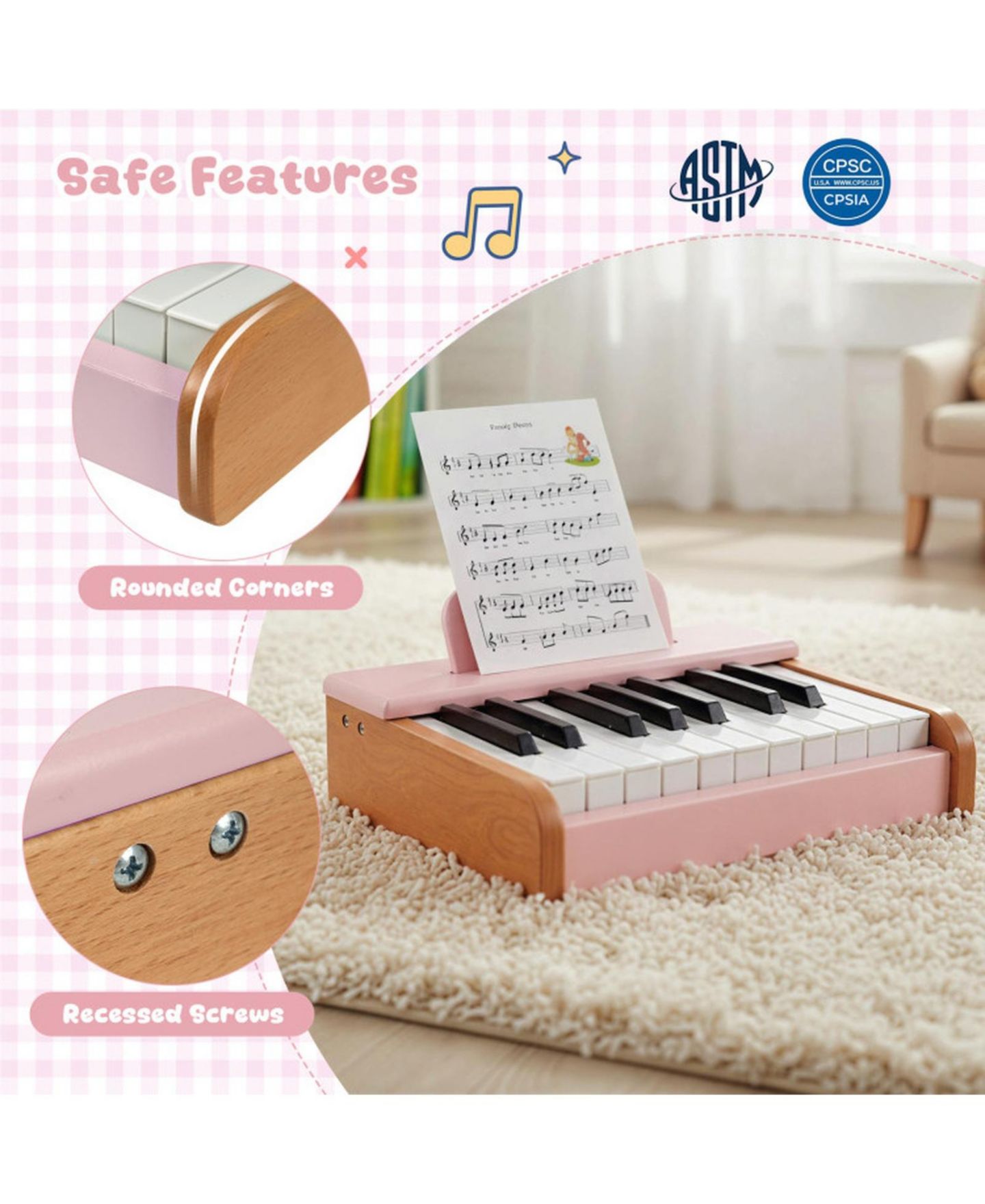 Детская игрушка HONGGE 18-Key Wooden Musical Toy Piano, Ages 3+, цвет: Розовый — фото 6