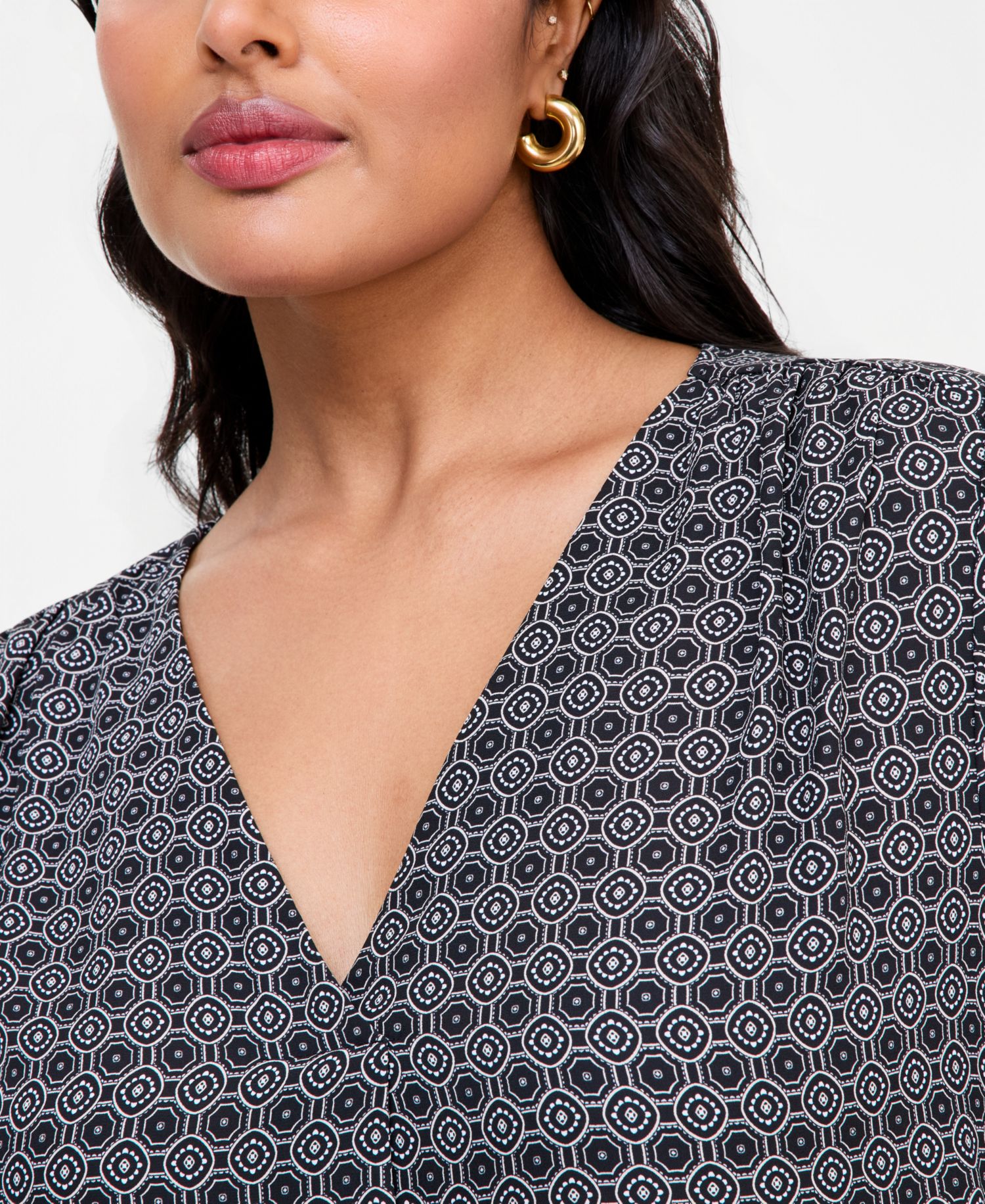 Plus Size Long-Sleeve V-Neck Geometric Blouse