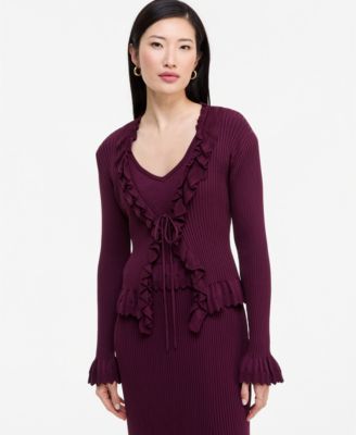 Women's Long-Sleeve Ruffled Ribbed V-Neck Cardigan