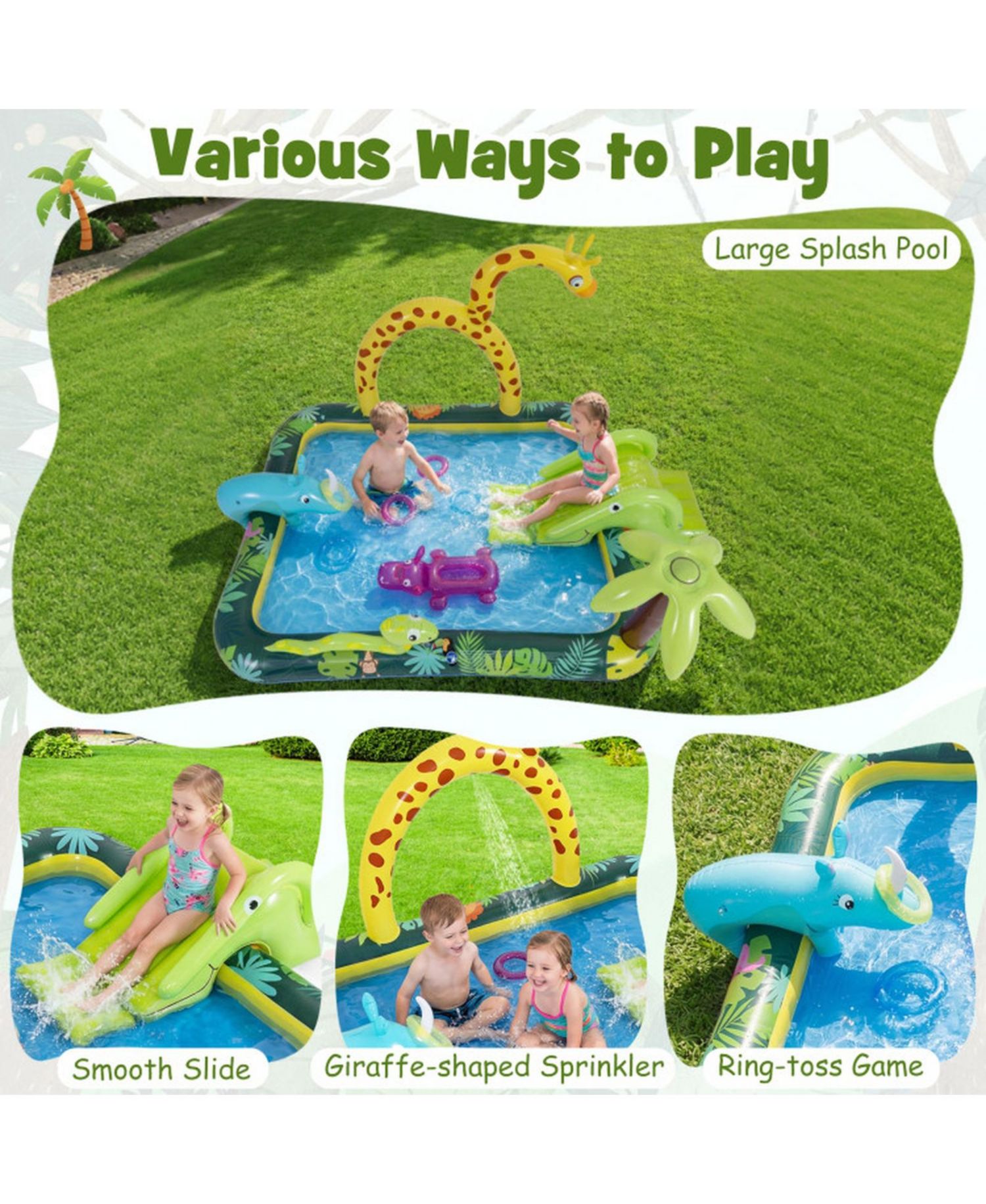 Jungle Animal Inflatable Spray Pool Play Center with Slide and Sprinkler Ages 2-6