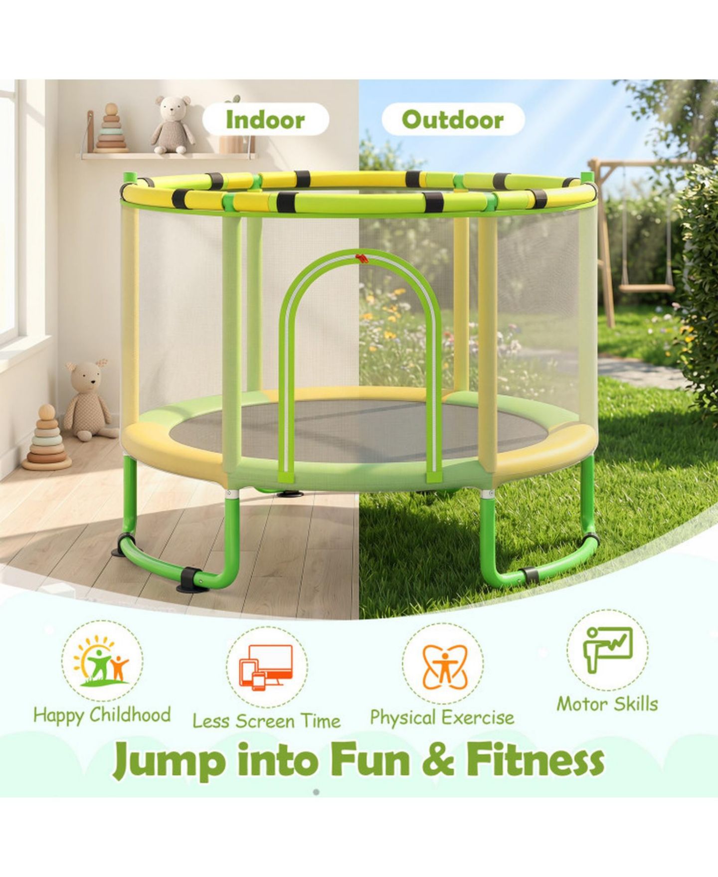 Детская игрушка HONGGE 60" 6-in-1 Trampoline with Enclosure Net, Ages 3+, цвет: Зелёный — фото 5