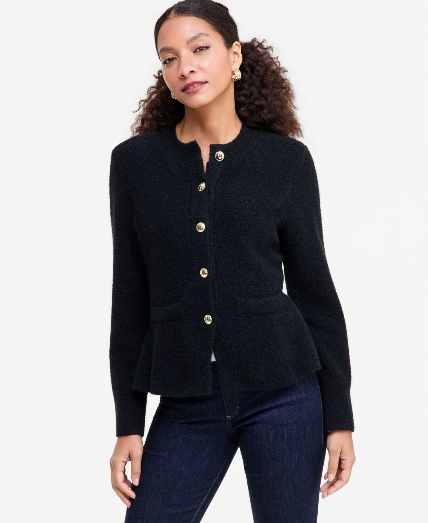 Женский кардиган I.N.C. International Concepts Boucle Peplum Crewneck, цвет: Глубокий чёрный — фото 1