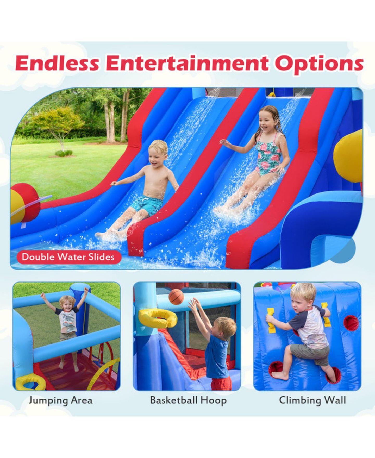 Детские игрушки HONGGE Giant Inflatable Water Slide Bounce House with Double Slides, Splash Pool, and 750W Blower, Ages 3-12, цвет: Синий — фото 5