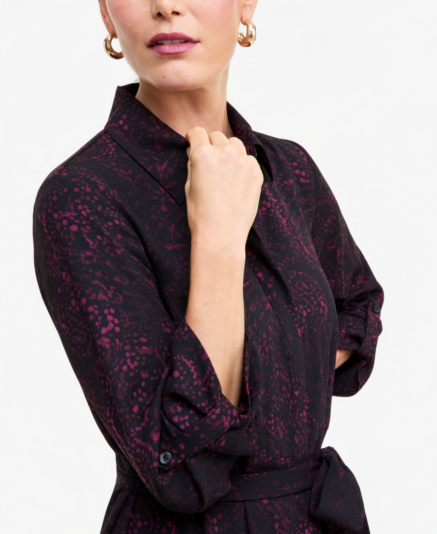 Women's Long-Sleeve Printed Belted Shirt Dress