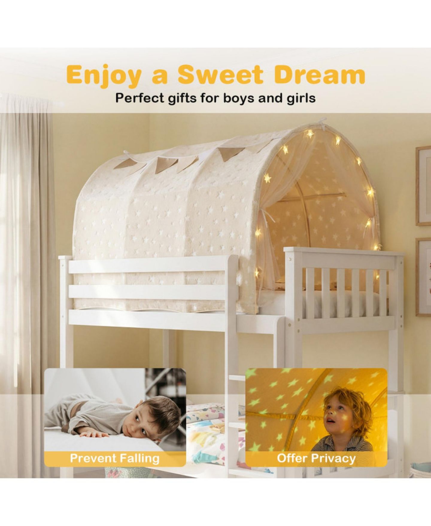 Детская игрушка HONGGE Glow-in-the-Dark Stars Twin Bed Flannel Canopy Tent, Ages 3+, цвет: Мягкий бежевый — фото 4
