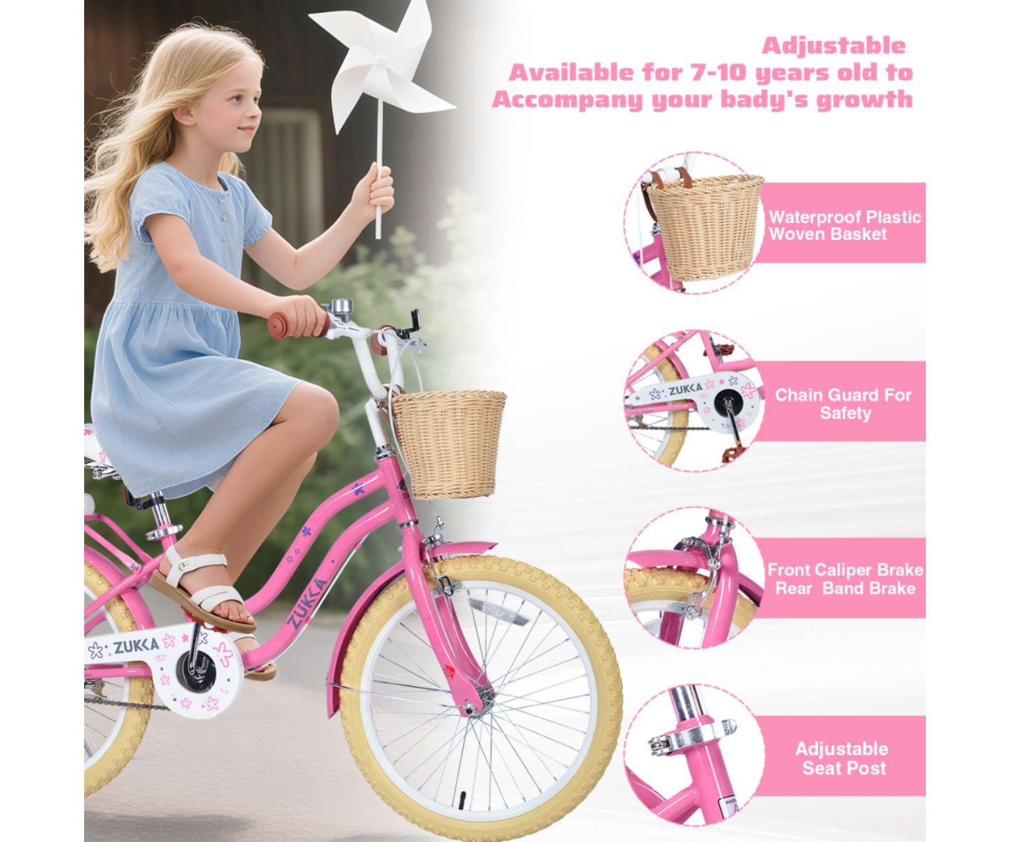 Детская игрушка ECHTPeak 20 Inch Girls' Bike, Single-Speed with Adjustable Seat and Rear Basket, 7–10 лет, цвет: Розовый — фото 6