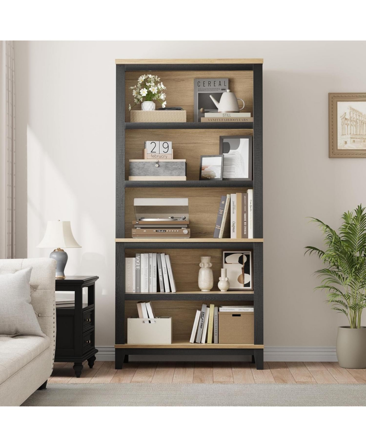 homfan 71" Farmhouse Bookcase with Adjustable Shelves – 5-Tier Two-Tone Wood Display Cabinet for Living Room and Home Office