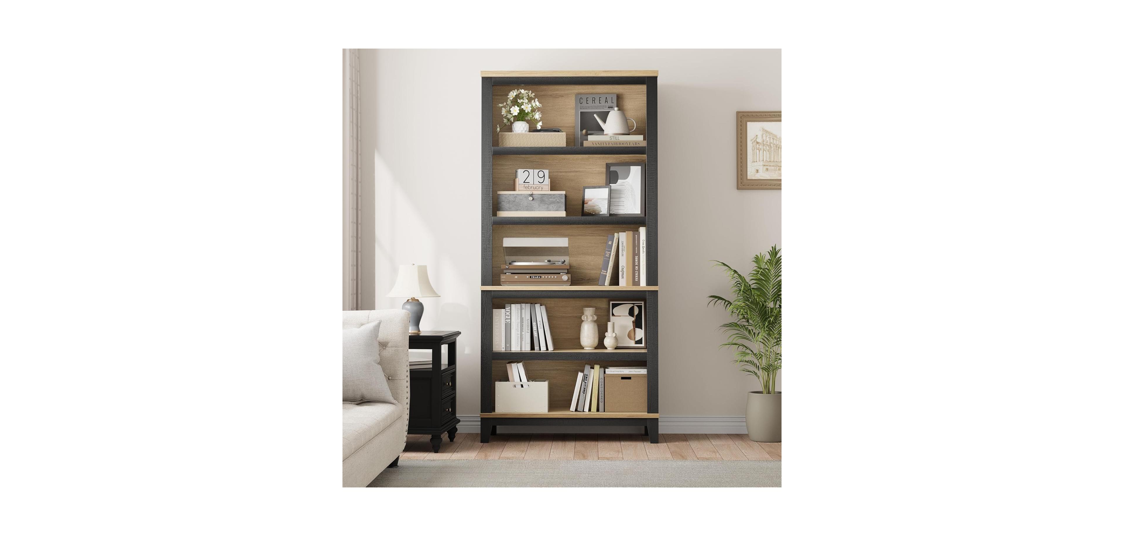 homfan 71" Farmhouse Bookcase with Adjustable Shelves – 5-Tier Two-Tone Wood Display Cabinet for Living Room and Home Office