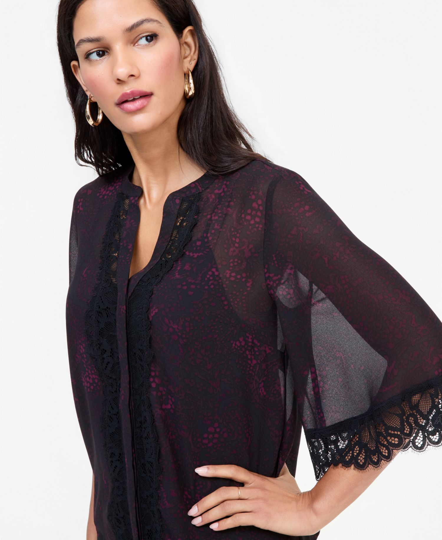 Women's Print Lace-Trim Button-Front Blouse