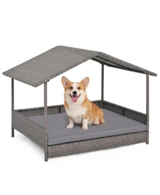 Elevated Wicker Dog House PE Rattan Dog Bed With Canopy