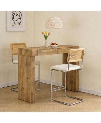 2-Piece Wood Grain Bar Table Set with PU Stools, Double Drawer Storage for Cafe