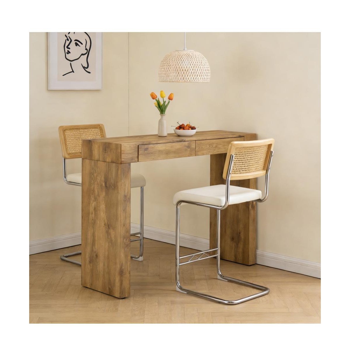Flynama 2-Piece Wood Grain Bar Table Set with Pu Stools, Double Drawer Storage for Cafe