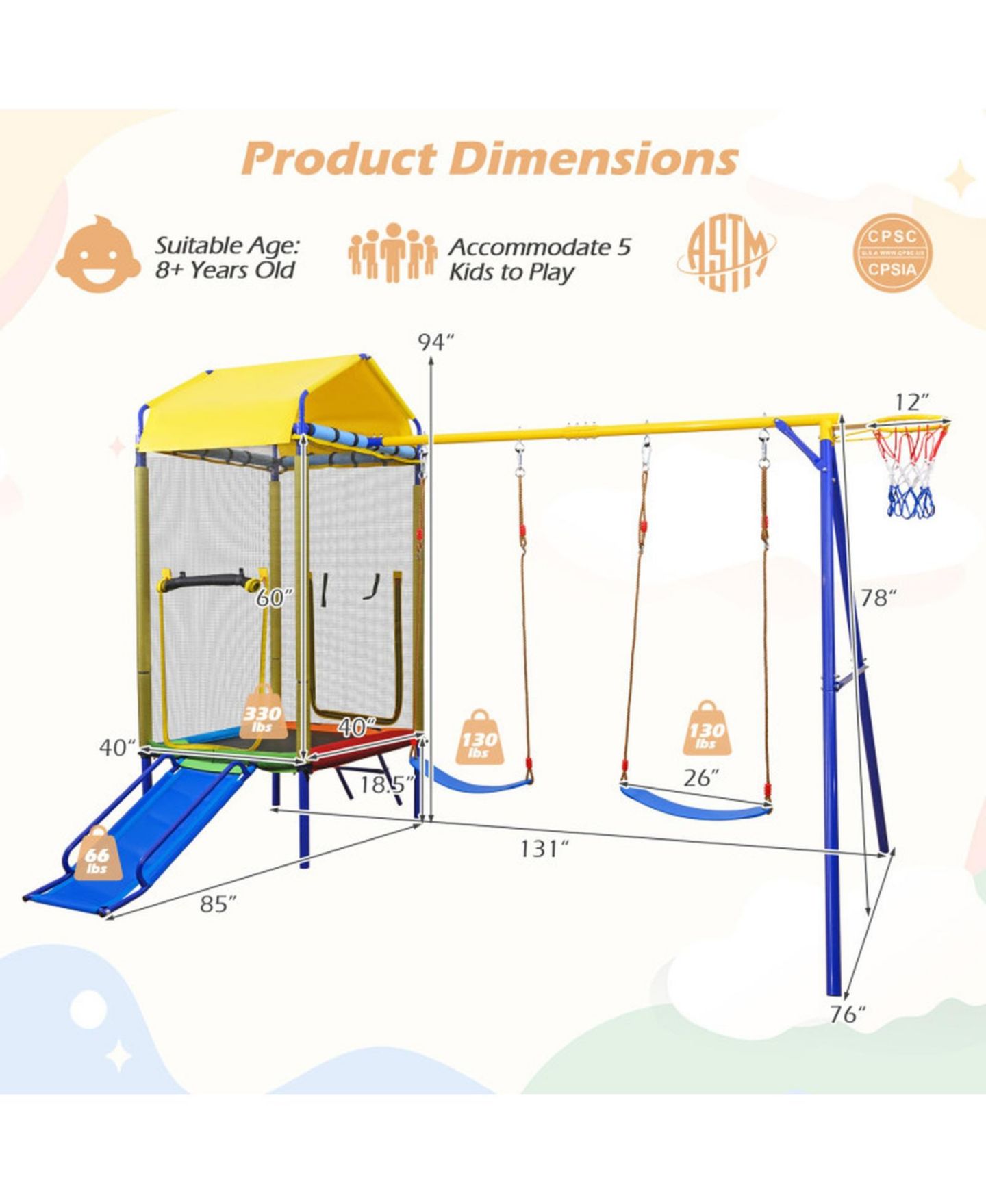 Детские игрушки SUGIFT 5-in-1 Metal Swing Set with Slide, Trampoline & Basketball Hoop, Ages 8+, цвет: Жёлтый — фото 3