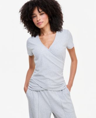 Women's Short Sleeve Rib Knit Faux Wrap T-Shirt