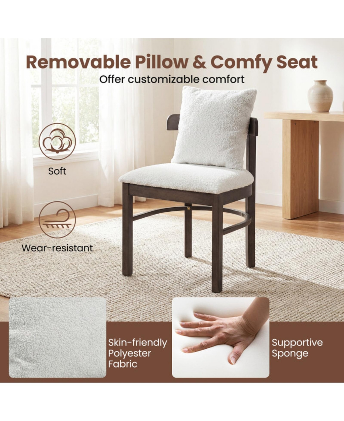 Sugift Set of 2 Fabric Upholstered Wood Dining Chairs with Removable Pillow