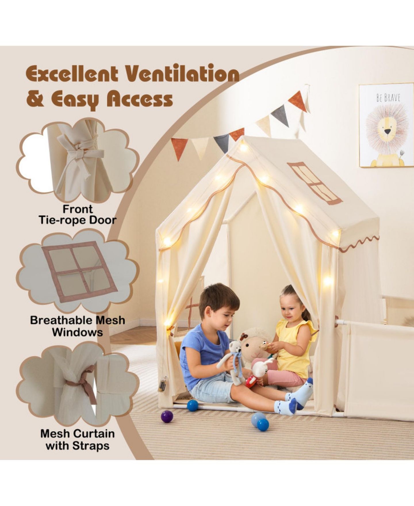 Детские игрушки HONGGE 2-in-1 3-Piece Play Tent and Playpen with Star String Lights, Ages 3+, цвет: Натуральный — фото 4