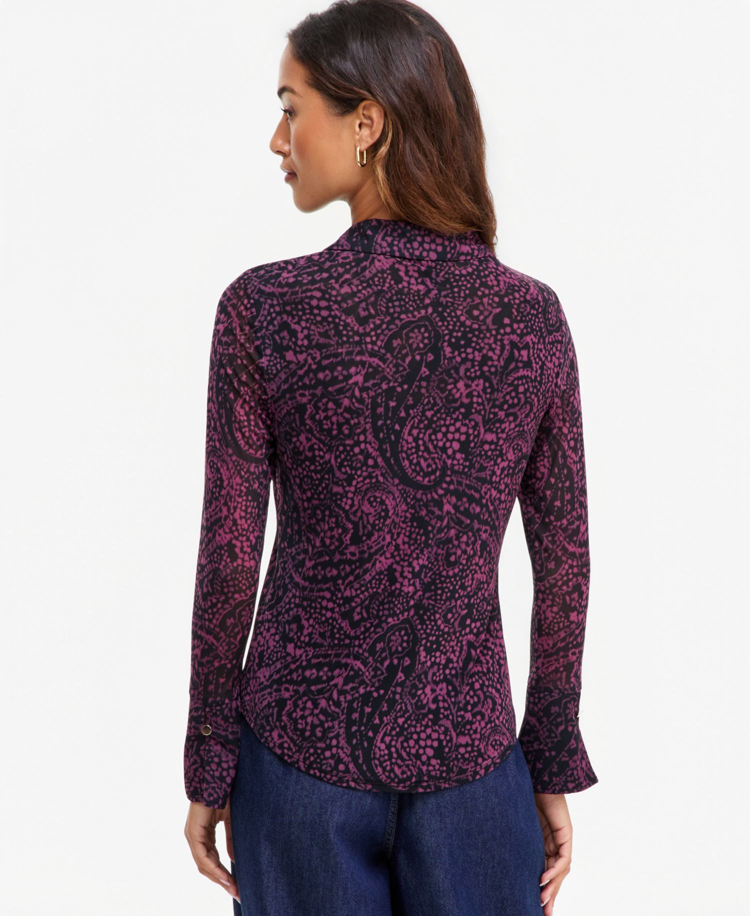 Women's Collared Printed V-Neck Long-Sleeve Mesh Top