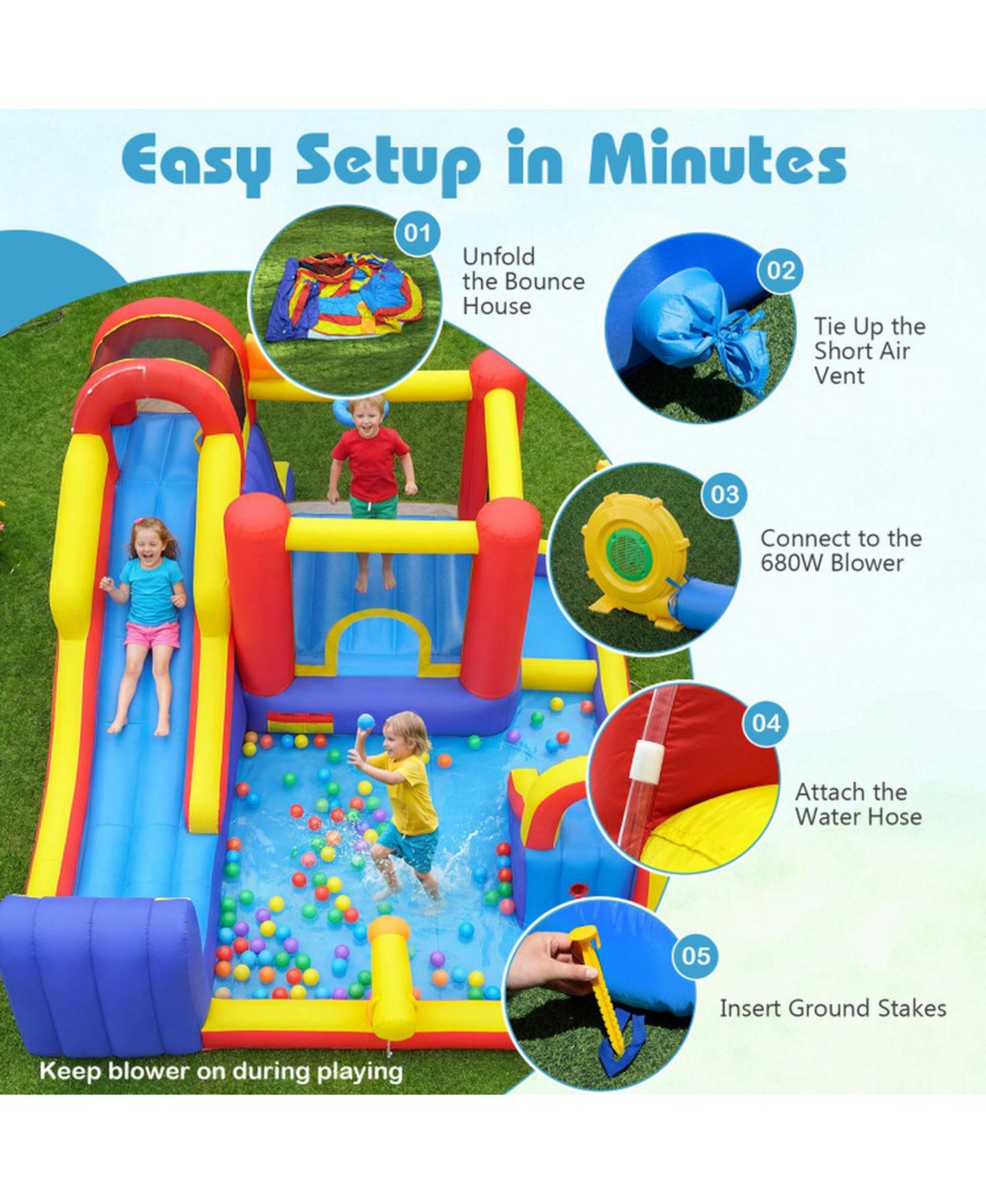 Детские игрушки HONGGE 7-in-1 Outdoor Bounce House with Dual Slides & 680W Blower, Accommodates 2 Kids, Ages 3-12, цвет: Красный / Жёлтый — фото 5