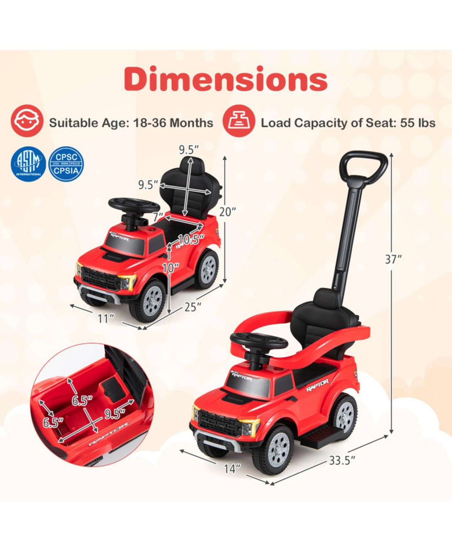 Детская игрушка HONGGE 3-In-1 Toddler Push Car with Detachable Handlebar, 55 lbs Capacity, Ages 18-36 Months, цвет: Красный — фото 3