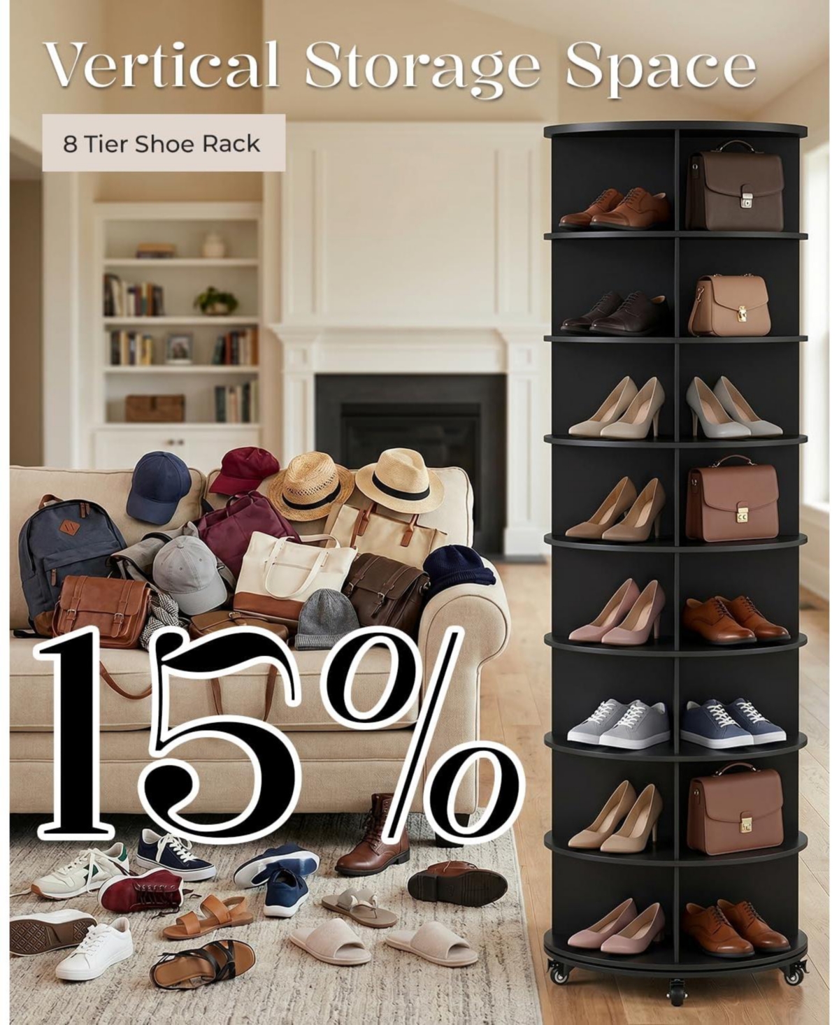 Aecojoy 8 Tier Rotating Shoe Rack with 2 Drawers and Casters Spinning Storage Tower Organizer