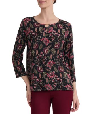 Petite Keyhole 3/4-Sleeve Floral-Print Knit Blouse