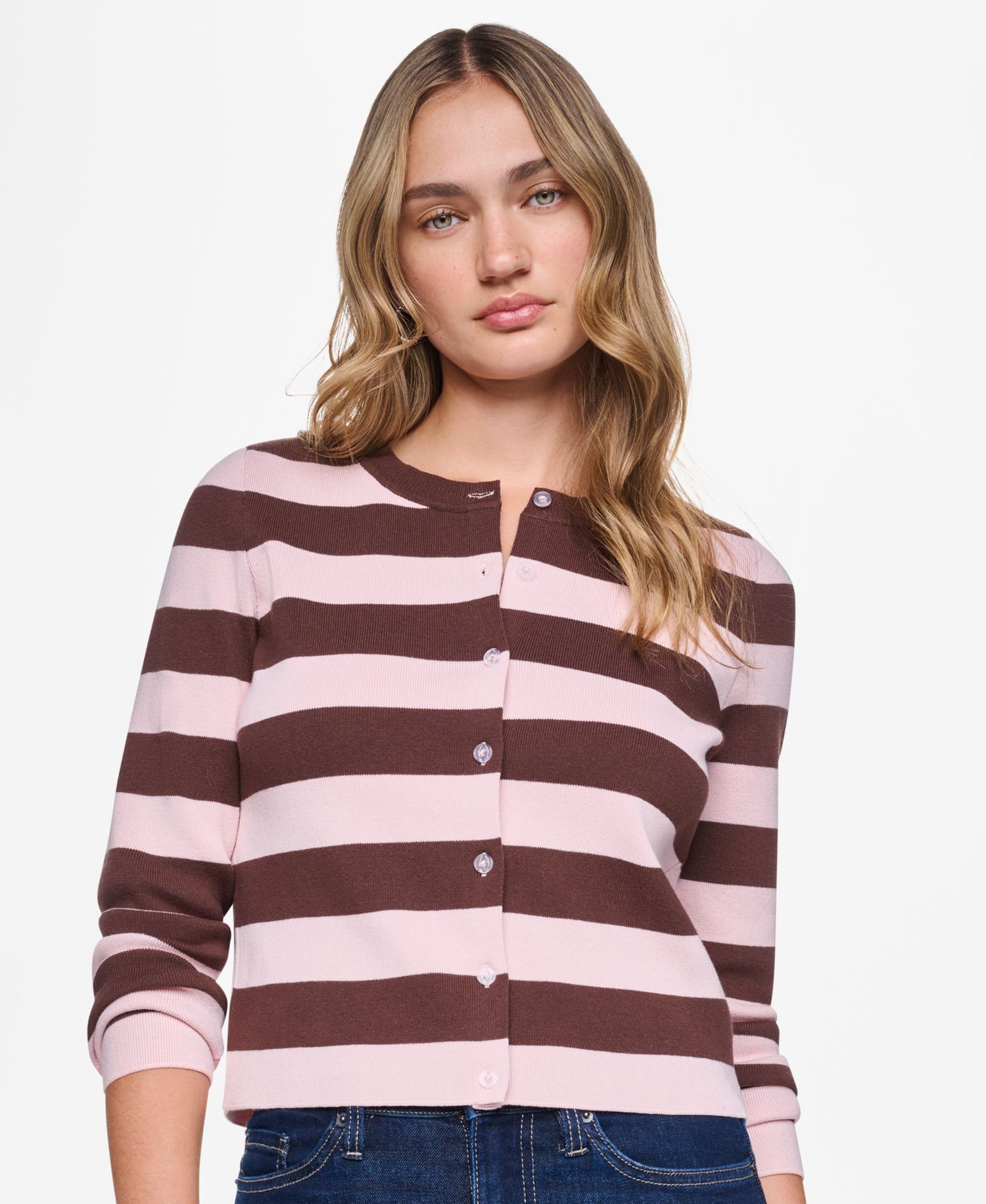 Women's Cropped Stripe Long-Sleeve Crew Neck Cardigan