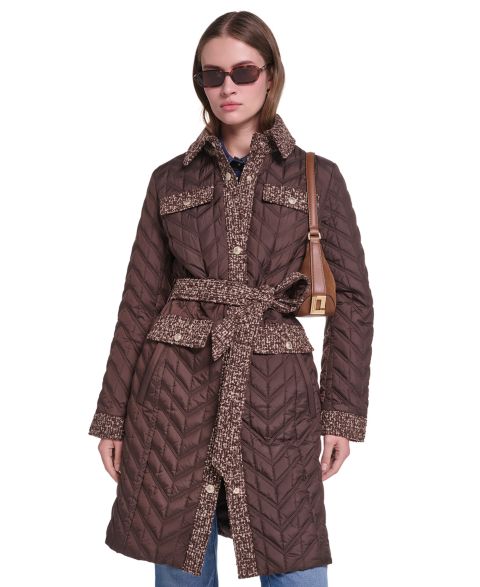 Женские куртки KARL LAGERFELD PARIS Long Quilted Tweed-Trim Coat