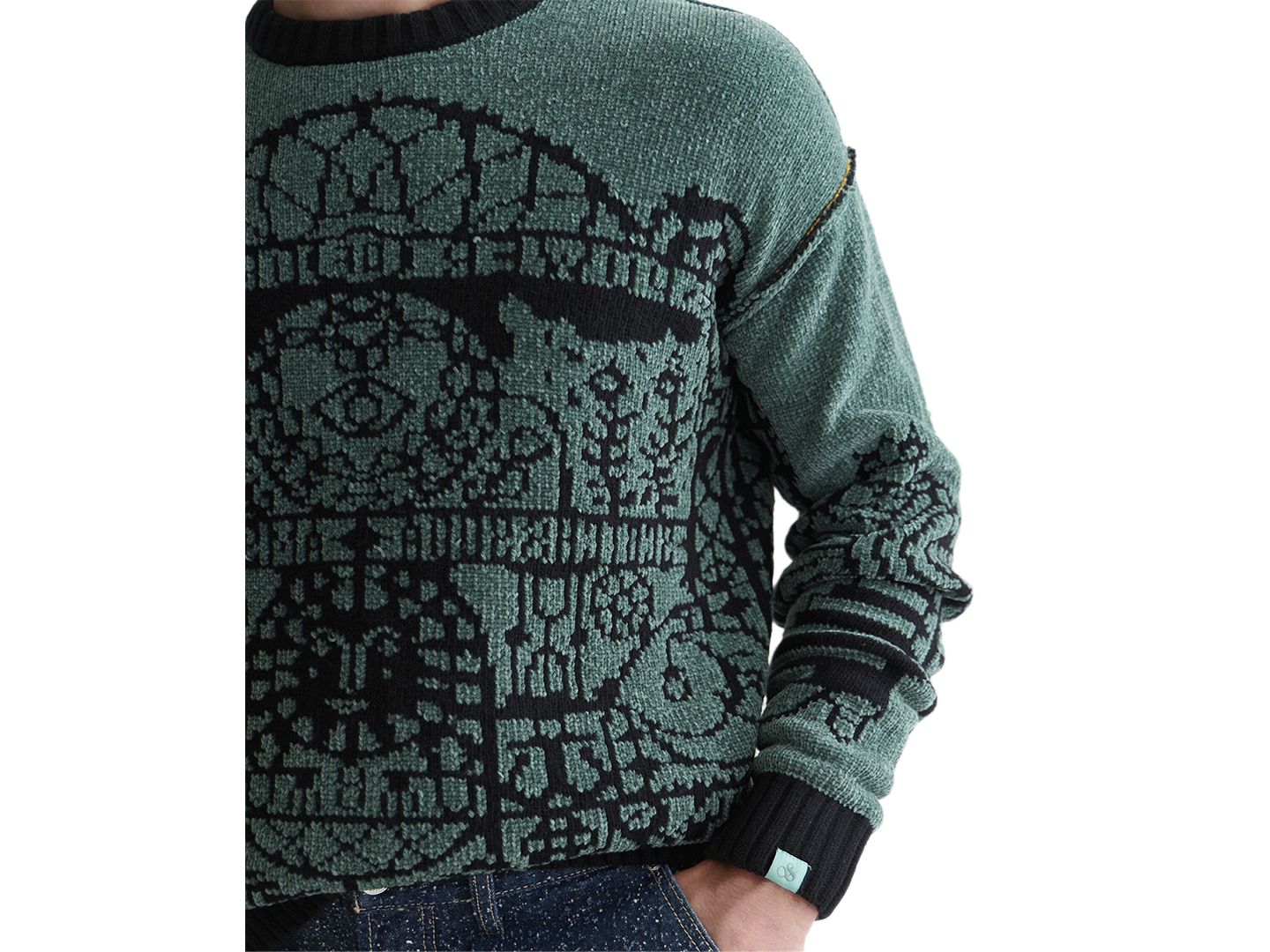 Мужской свитер SCOTCH & SODA Chenille Jacquard Wool-Blend Dropped Shoulder Crewneck, цвет: Тёмный тёмно-зелёный — фото 3