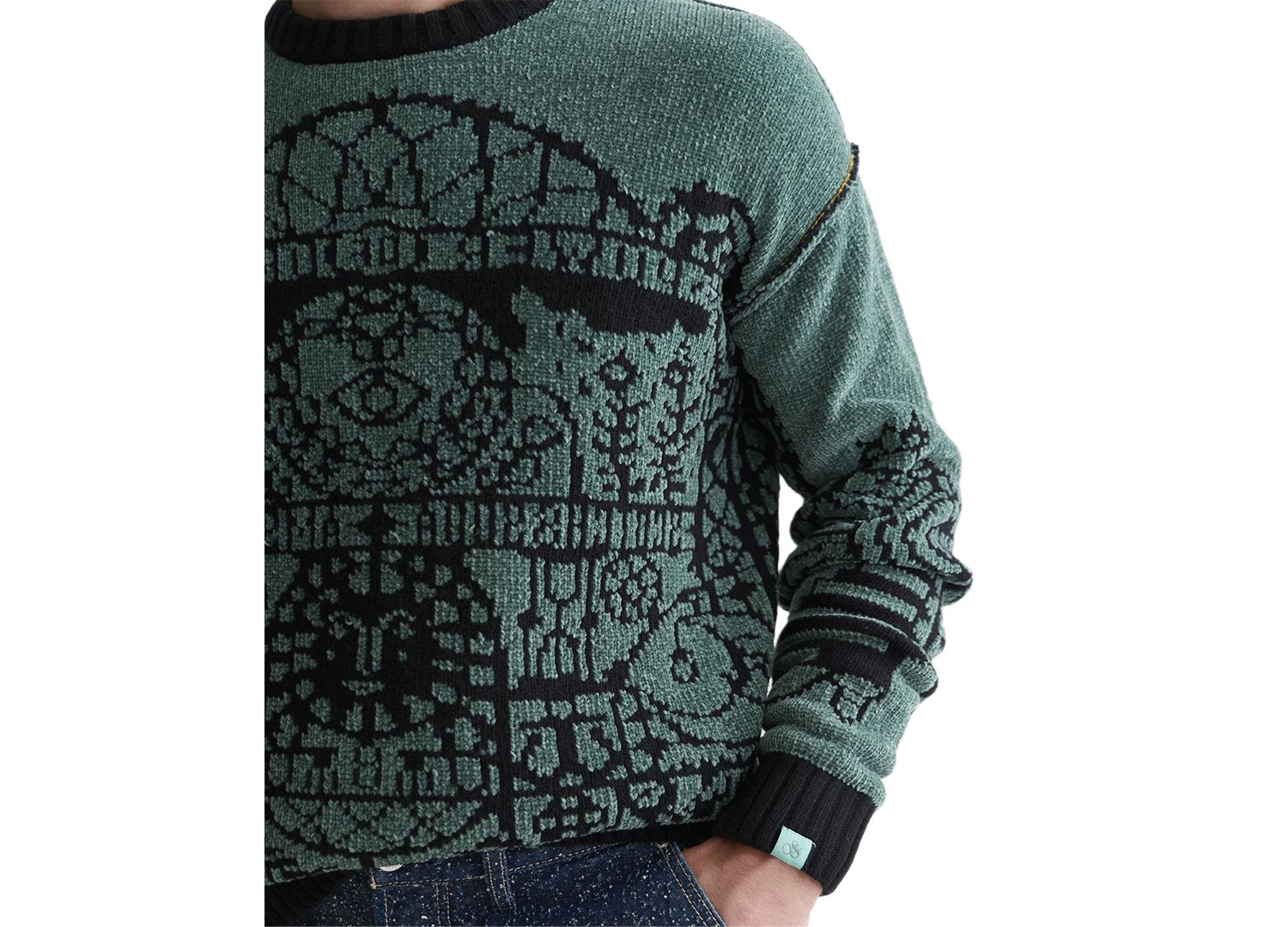 Men's Chenille Jacquard Wool-Blend Dropped Shoulder Crewneck Sweater