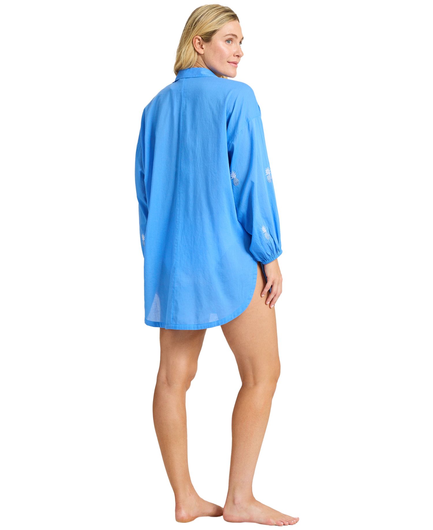Women's Pineapple-Embroidered Boyfriend V-Neck 3/4-Sleeve Shirt