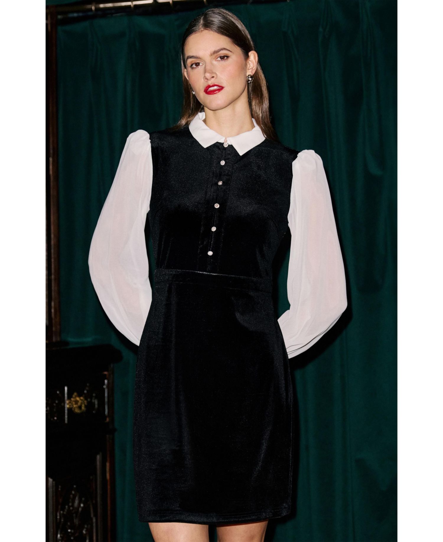 Women's Contrast Long Sleeve Velvet Mini Dress