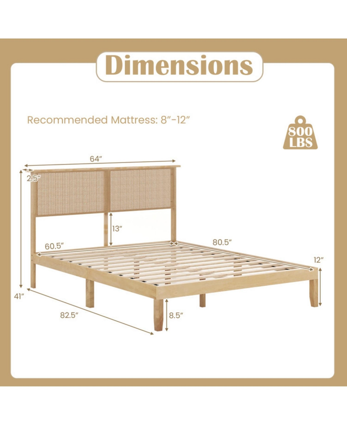 Sugift Queen Size Bed Frame with Rattan Headboard Solid Wood Platform Bed