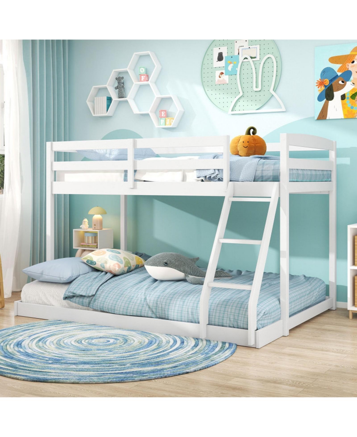 Sugift Twin Over Full Low Floor Wooden Bunk Bed Frame