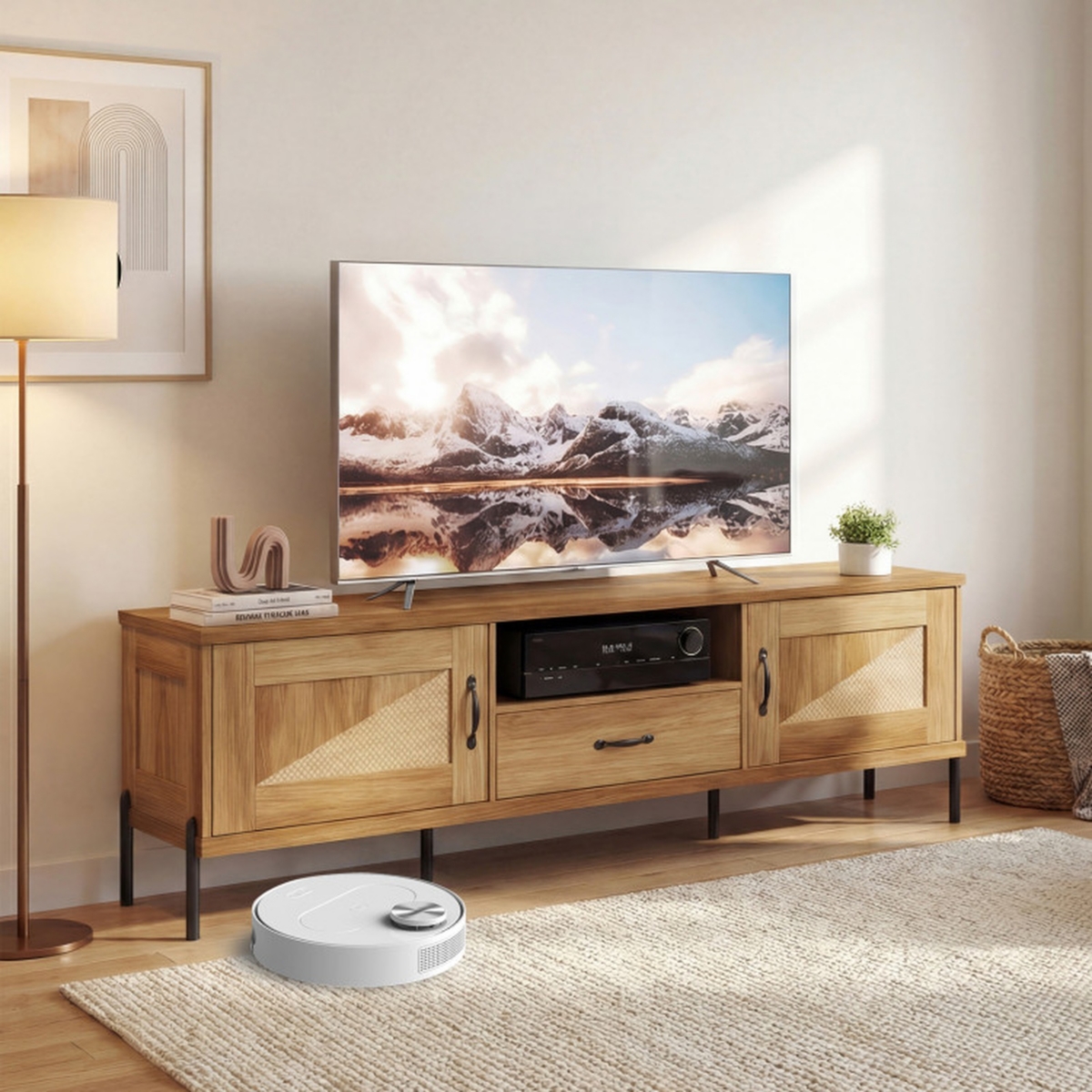 Sugift Rattan Tv Stand for 80-Inch TVs with 2 Cabinets Drawer and Open Shelf
